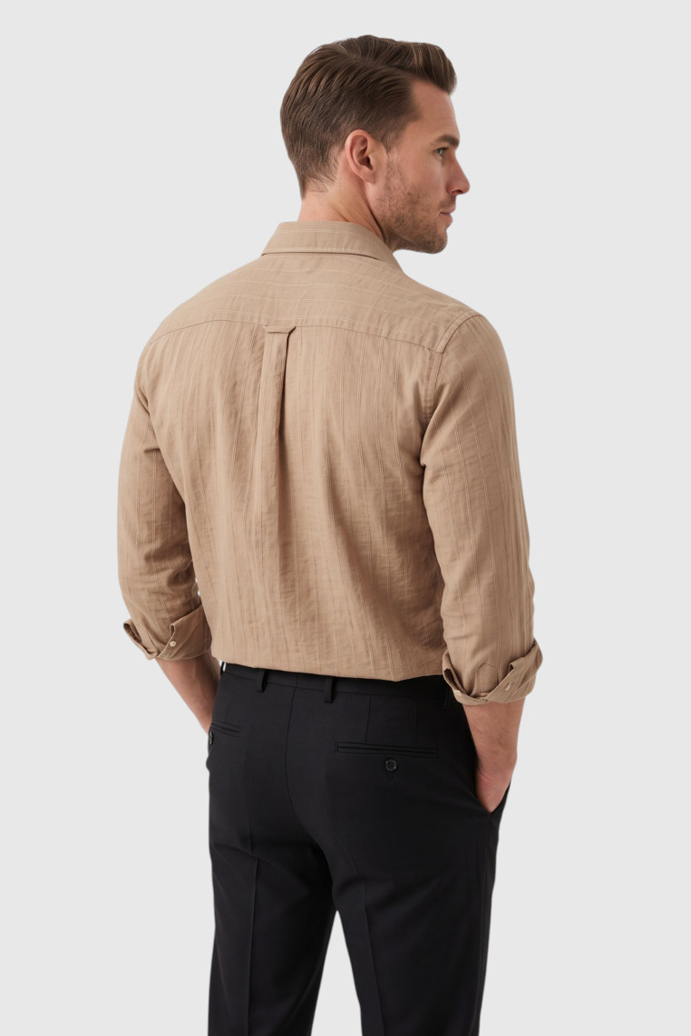 DeepSEA Erkek %100 Pamuk Slim Fit Dar Kesim Keten Dokulu Çizgili Uzun Kollu Gömlek 2600034
