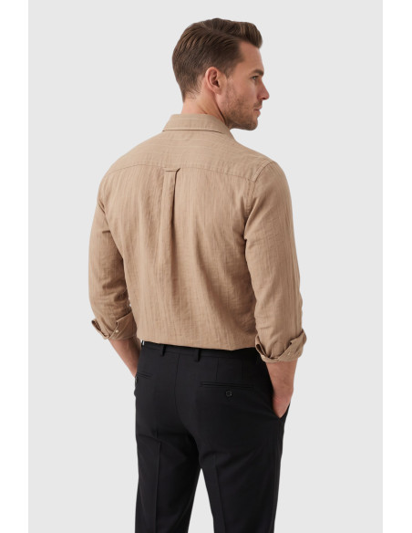 DeepSEA Erkek %100 Pamuk Slim Fit Dar Kesim Keten Dokulu Çizgili Uzun Kollu Gömlek 2600034