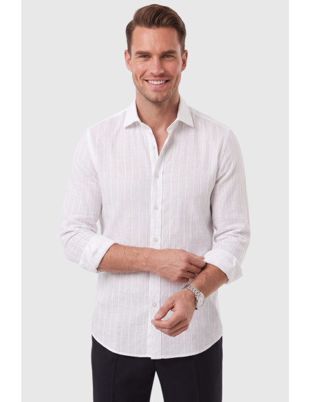 DeepSEA Erkek %100 Pamuk Slim Fit Dar Kesim Keten Dokulu Çizgili Uzun Kollu Gömlek 2600034