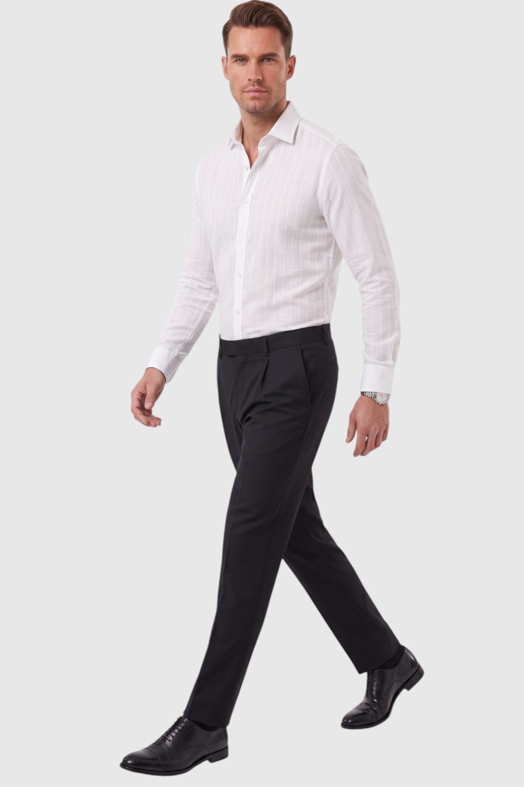 DeepSEA Erkek %100 Pamuk Slim Fit Dar Kesim Keten Dokulu Çizgili Uzun Kollu Gömlek 2600034