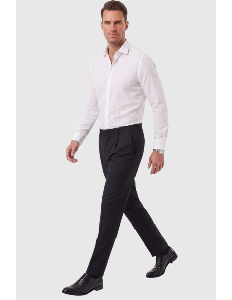 DeepSEA Erkek %100 Pamuk Slim Fit Dar Kesim Keten Dokulu Çizgili Uzun Kollu Gömlek 2600034