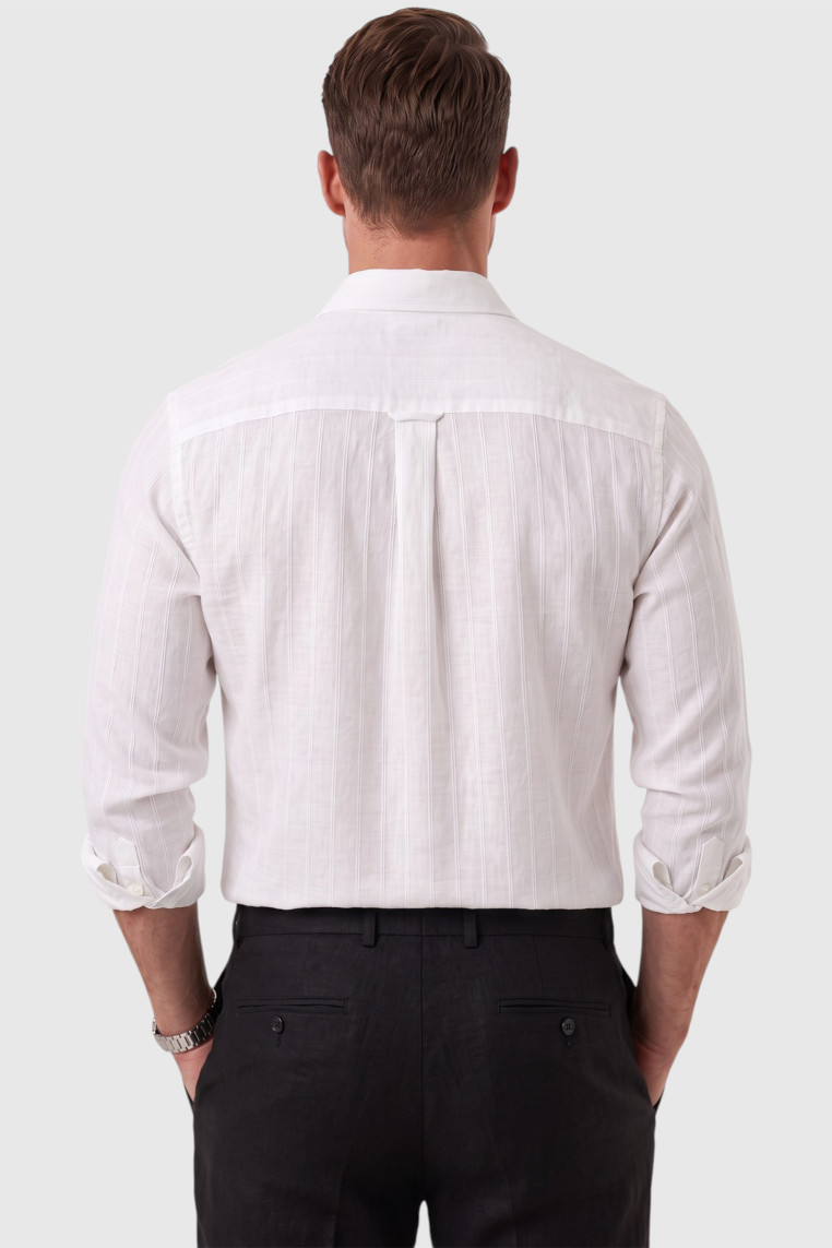 DeepSEA Erkek %100 Pamuk Slim Fit Dar Kesim Keten Dokulu Çizgili Uzun Kollu Gömlek 2600034
