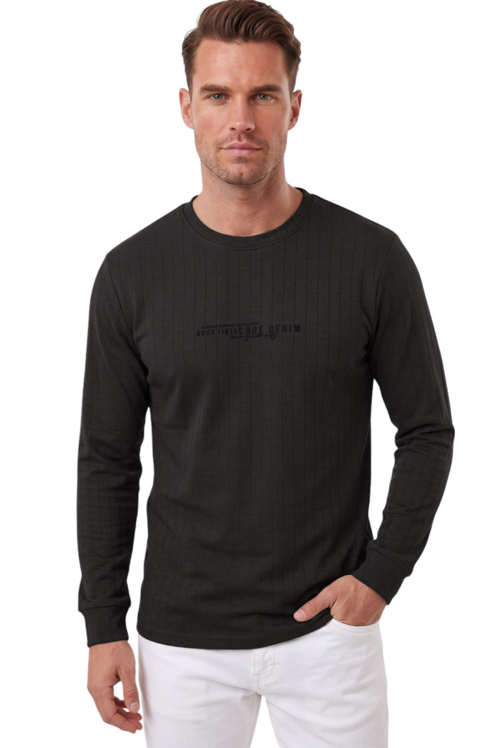 DeepSEA Erkek %95 Pamuk Slim Fit Kesik Açık Yaka Likralı Penye Sweatshirt Oval Kesim 2602299