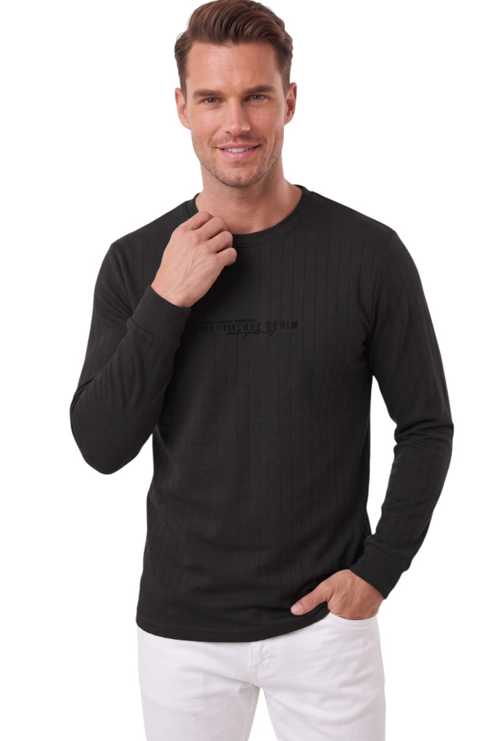 DeepSEA Erkek %95 Pamuk Slim Fit Kesik Açık Yaka Likralı Penye Sweatshirt Oval Kesim 2602299 2