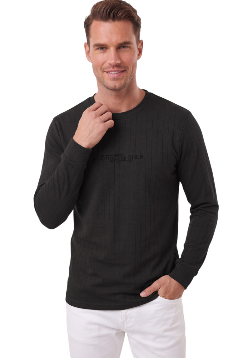 DeepSEA Erkek %95 Pamuk Slim Fit Kesik Açık Yaka Likralı Penye Sweatshirt Oval Kesim 2602299