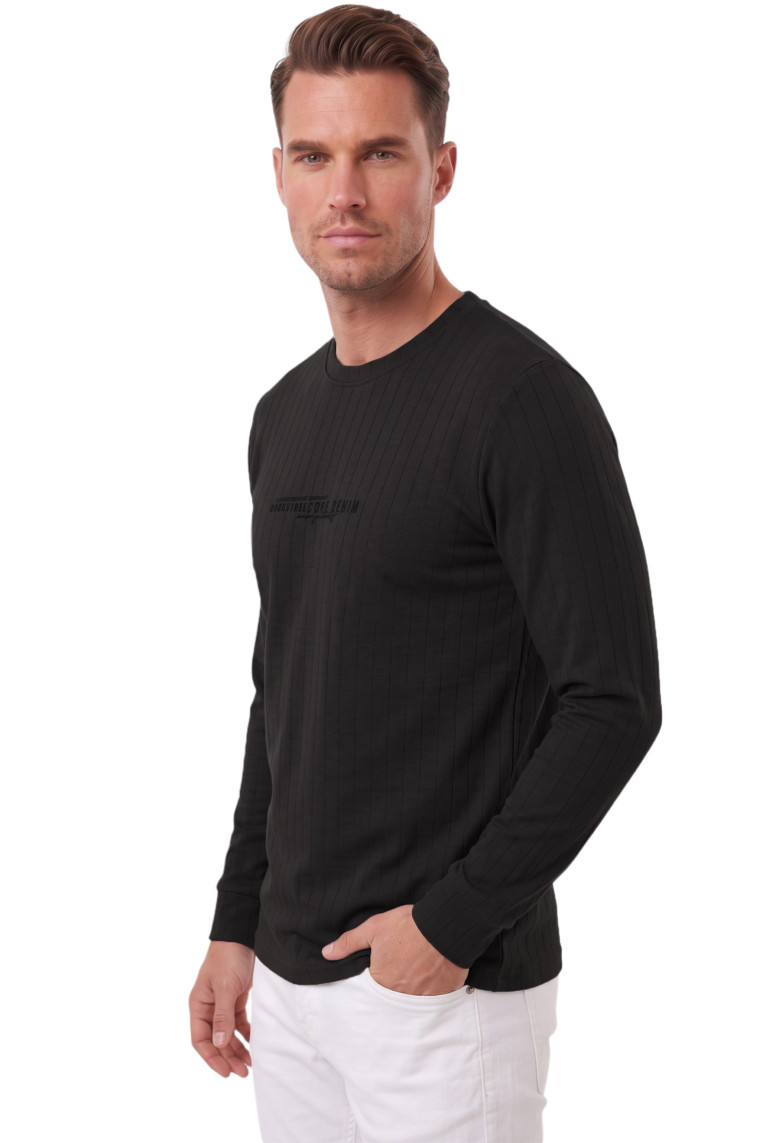 DeepSEA Erkek %95 Pamuk Slim Fit Kesik Açık Yaka Likralı Penye Sweatshirt Oval Kesim 2602299