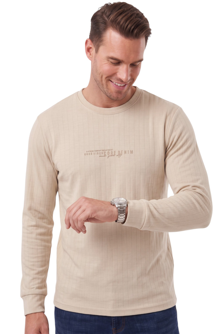 DeepSEA Erkek %95 Pamuk Slim Fit Kesik Açık Yaka Likralı Penye Sweatshirt Oval Kesim 2602299