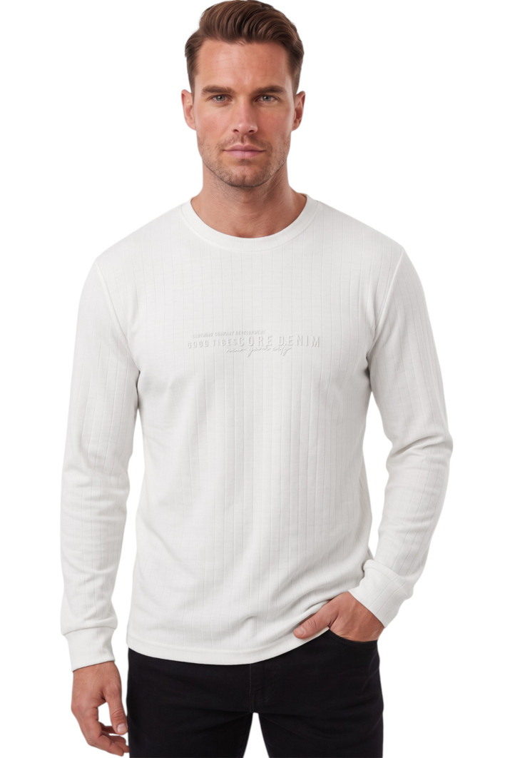 DeepSEA Erkek %95 Pamuk Slim Fit Kesik Açık Yaka Likralı Penye Sweatshirt Oval Kesim 2602299 2
