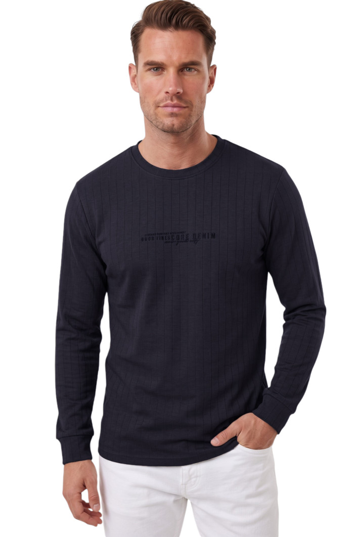 DeepSEA Erkek %95 Pamuk Slim Fit Kesik Açık Yaka Likralı Penye Sweatshirt Oval Kesim 2602299 2