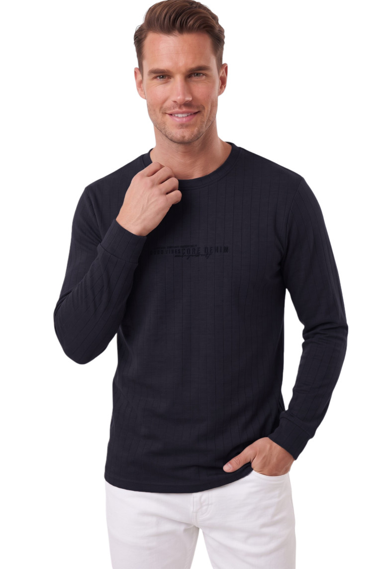 DeepSEA Erkek %95 Pamuk Slim Fit Kesik Açık Yaka Likralı Penye Sweatshirt Oval Kesim 2602299