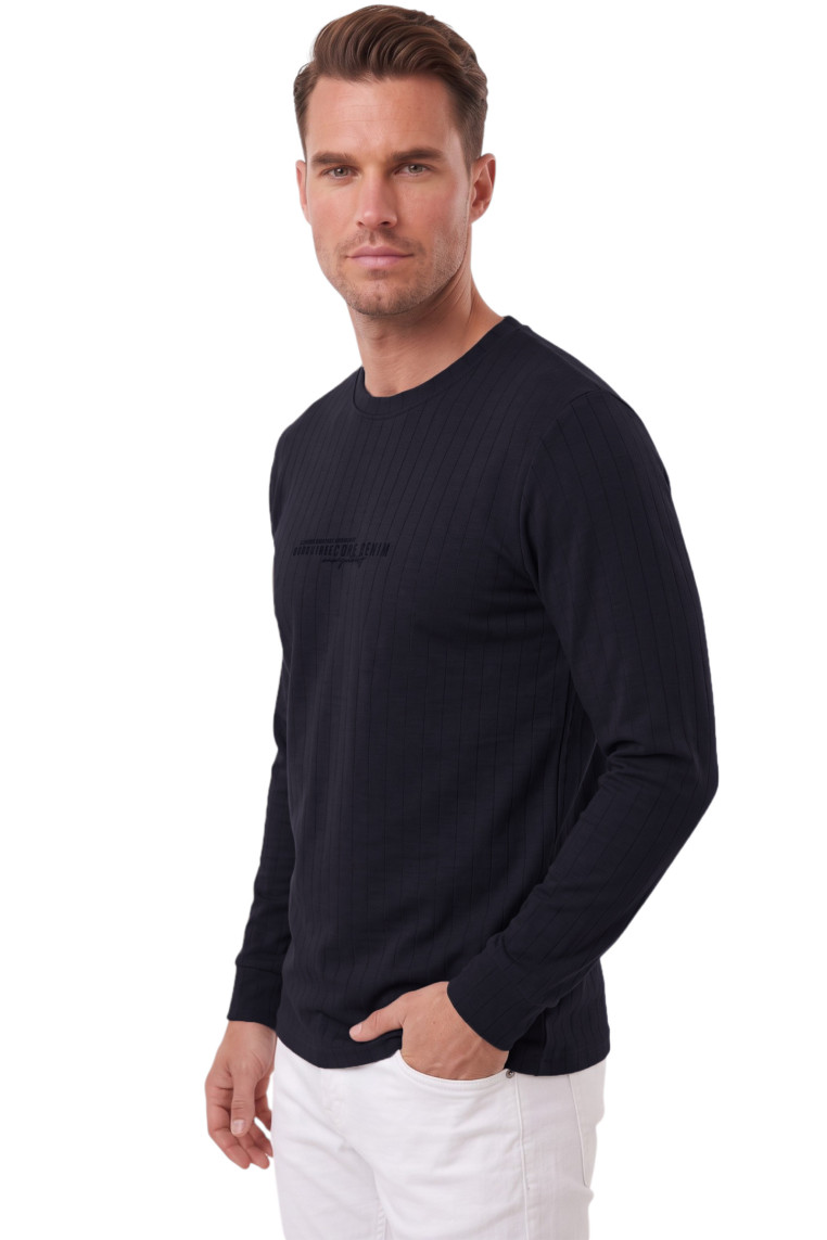 DeepSEA Erkek %95 Pamuk Slim Fit Kesik Açık Yaka Likralı Penye Sweatshirt Oval Kesim 2602299