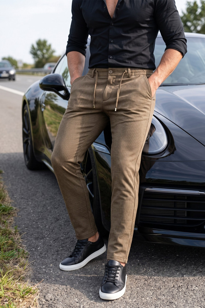DeepSEA Erkek Slim Fit Çizgili Kumaş Pantolon – İpli Esnek Bel Likralı Spor Şık Pantolon 2700240