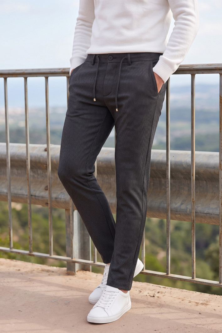 DeepSEA Erkek Slim Fit Çizgili Kumaş Pantolon – İpli Esnek Bel Likralı Spor Şık Pantolon 2700240