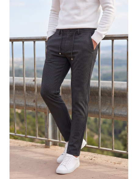 DeepSEA Erkek Slim Fit Çizgili Kumaş Pantolon – İpli Esnek Bel Likralı Spor Şık Pantolon 2700240
