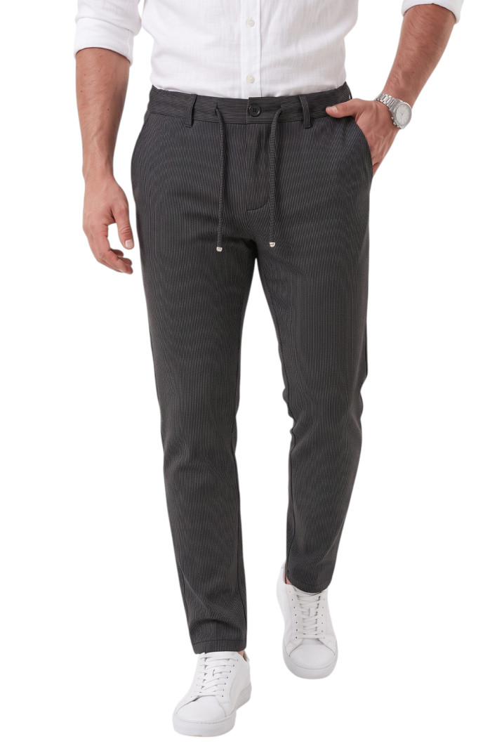 DeepSEA Erkek Slim Fit Çizgili Kumaş Pantolon – İpli Esnek Bel Likralı Spor Şık Pantolon 2700240 2