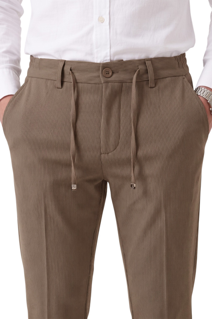 DeepSEA Erkek Slim Fit Çizgili Kumaş Pantolon – İpli Esnek Bel Likralı Spor Şık Pantolon 2700240 2