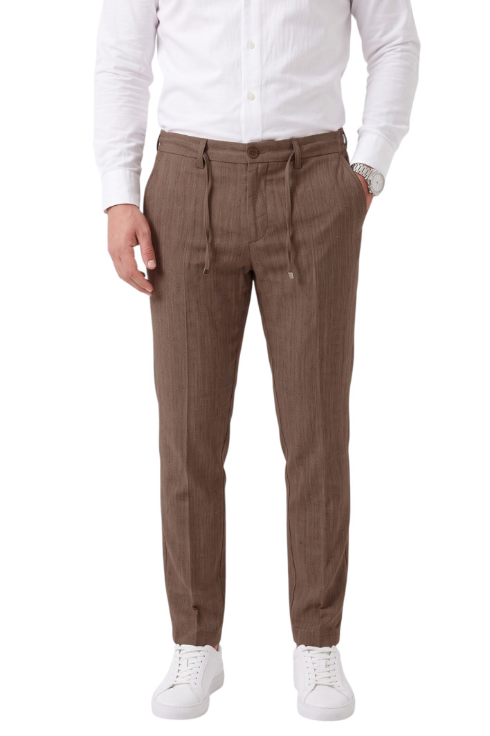 DeepSEA Erkek Slim Fit Kırçıllı Kumaş Pantolon – İpli Esnek Bel Likralı Spor Şık Pantolon 2700252