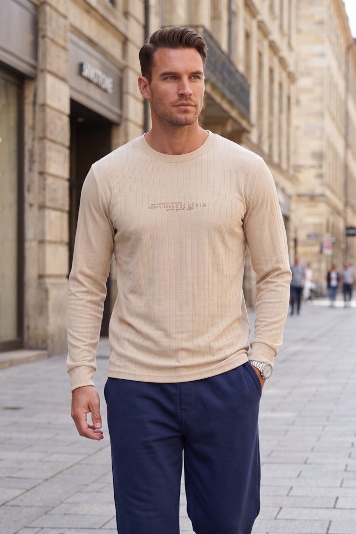 DeepSEA Erkek %95 Pamuk Slim Fit Kesik Açık Yaka Likralı Penye Sweatshirt Oval Kesim 2602299