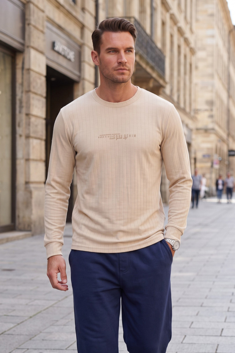 DeepSEA Erkek Slim Fit Likralı Çizgi Dokulu Sweatshirt – Bisiklet Yaka Nakışlı Spor Şık Sweat 2708518