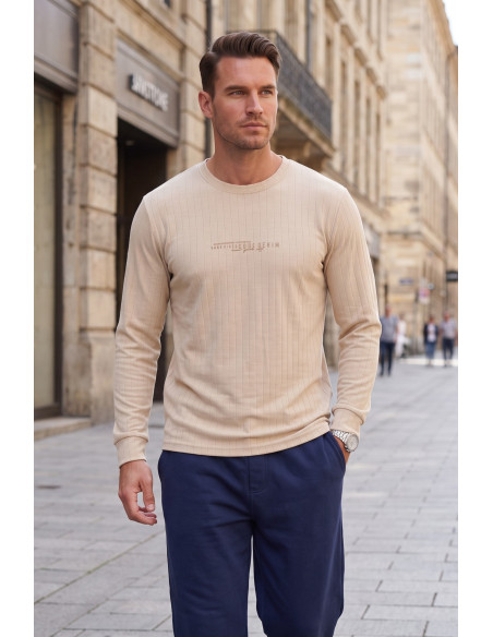 DeepSEA Erkek Slim Fit Likralı Çizgi Dokulu Sweatshirt – Bisiklet Yaka Nakışlı Spor Şık Sweat 2708518