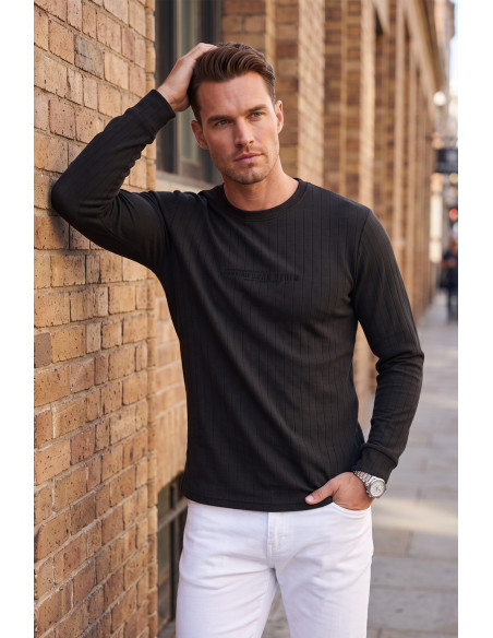 DeepSEA Erkek Slim Fit Likralı Çizgi Dokulu Sweatshirt – Bisiklet Yaka Nakışlı Spor Şık Sweat 2708518