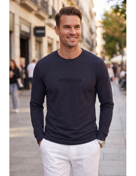 DeepSEA Erkek Slim Fit Likralı Çizgi Dokulu Sweatshirt – Bisiklet Yaka Nakışlı Spor Şık Sweat 2708518