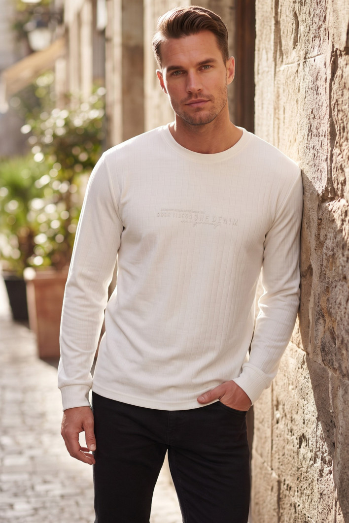 DeepSEA Erkek %95 Pamuk Slim Fit Kesik Açık Yaka Likralı Penye Sweatshirt Oval Kesim 2602299