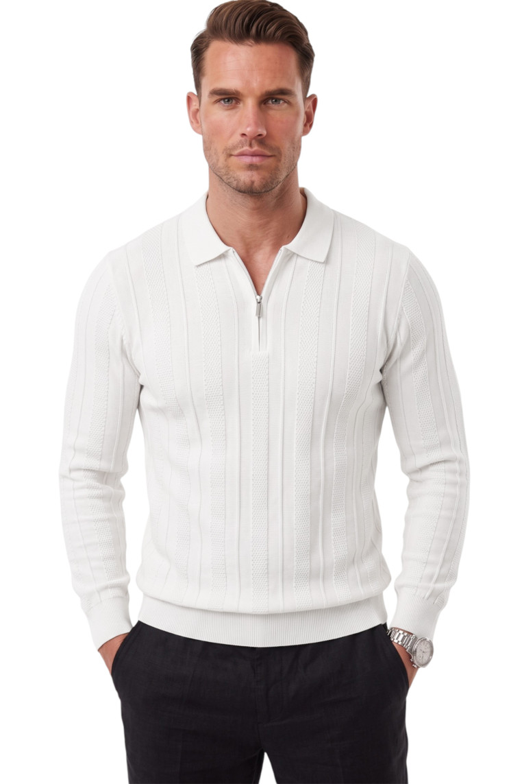 DeepSEA Erkek Slim Fit Dokulu Triko Kazak – Fermuarlı Polo Yaka Likralı Esnek 2708505