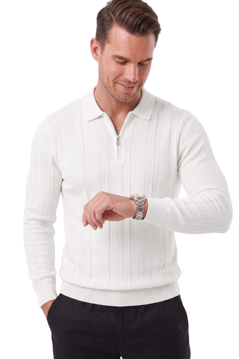 DeepSEA Erkek Slim Fit Dokulu Triko Kazak – Fermuarlı Polo Yaka Likralı Esnek 2708505