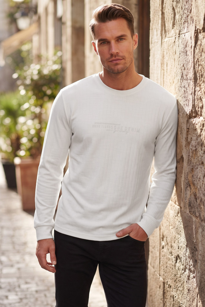 DeepSEA Erkek Slim Fit Likralı Çizgi Dokulu Sweatshirt – Bisiklet Yaka Nakışlı Spor Şık Sweat 2708518 2