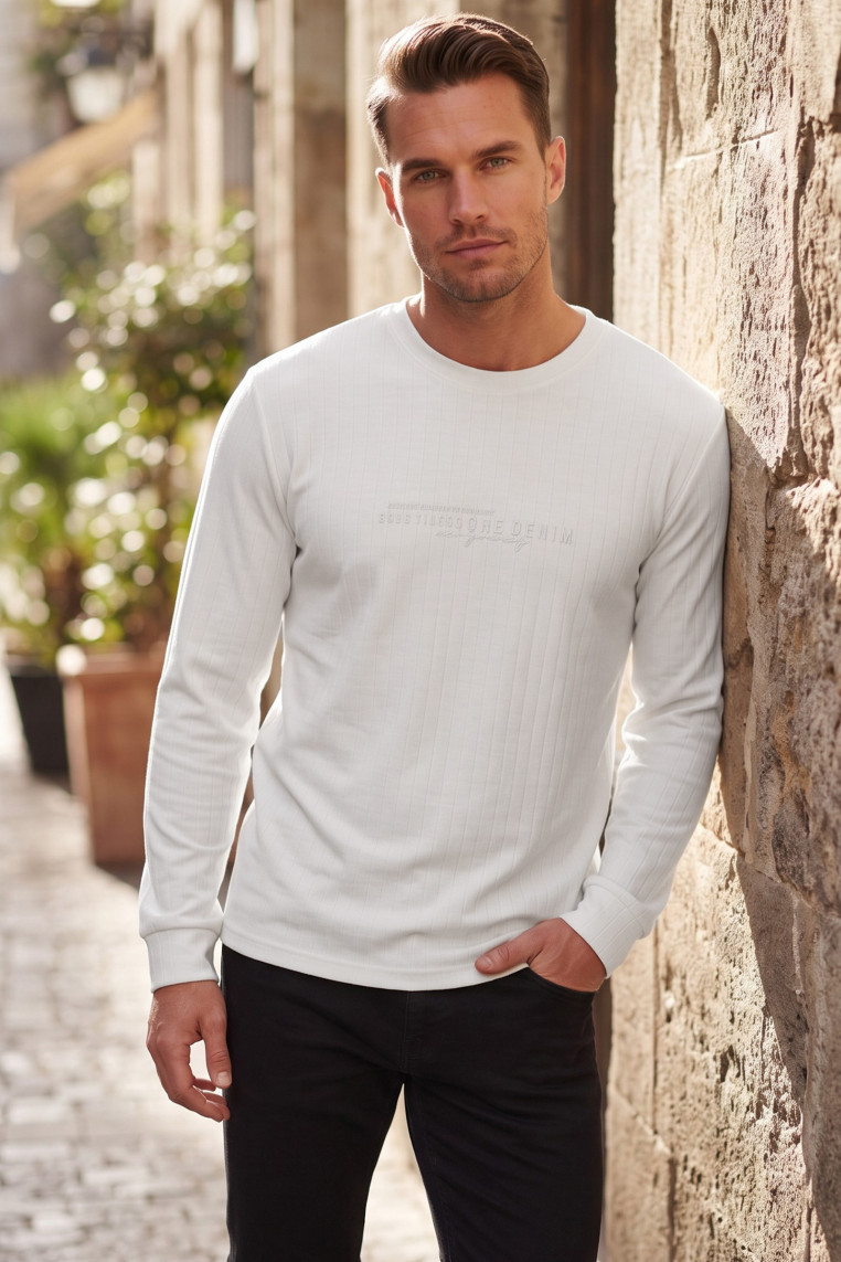 DeepSEA Erkek Slim Fit Likralı Çizgi Dokulu Sweatshirt – Bisiklet Yaka Nakışlı Spor Şık Sweat 2708518