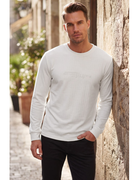 DeepSEA Erkek Slim Fit Likralı Çizgi Dokulu Sweatshirt – Bisiklet Yaka Nakışlı Spor Şık Sweat 2708518
