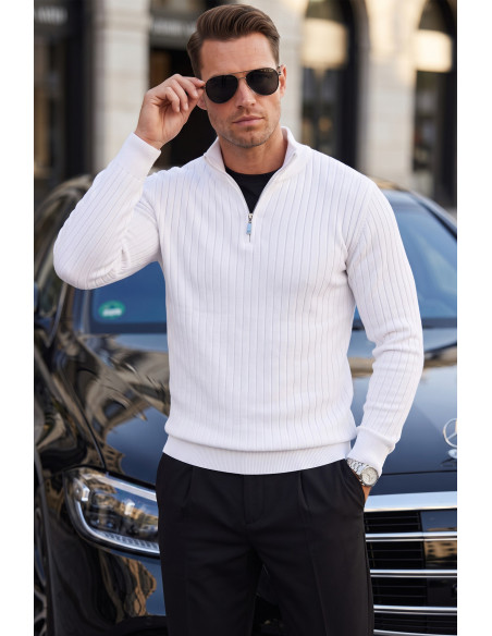 DeepSEA Erkek Slim Fit Dokulu Triko Kazak – Fermuarlı Polo Yaka Likralı Esnek 2708505