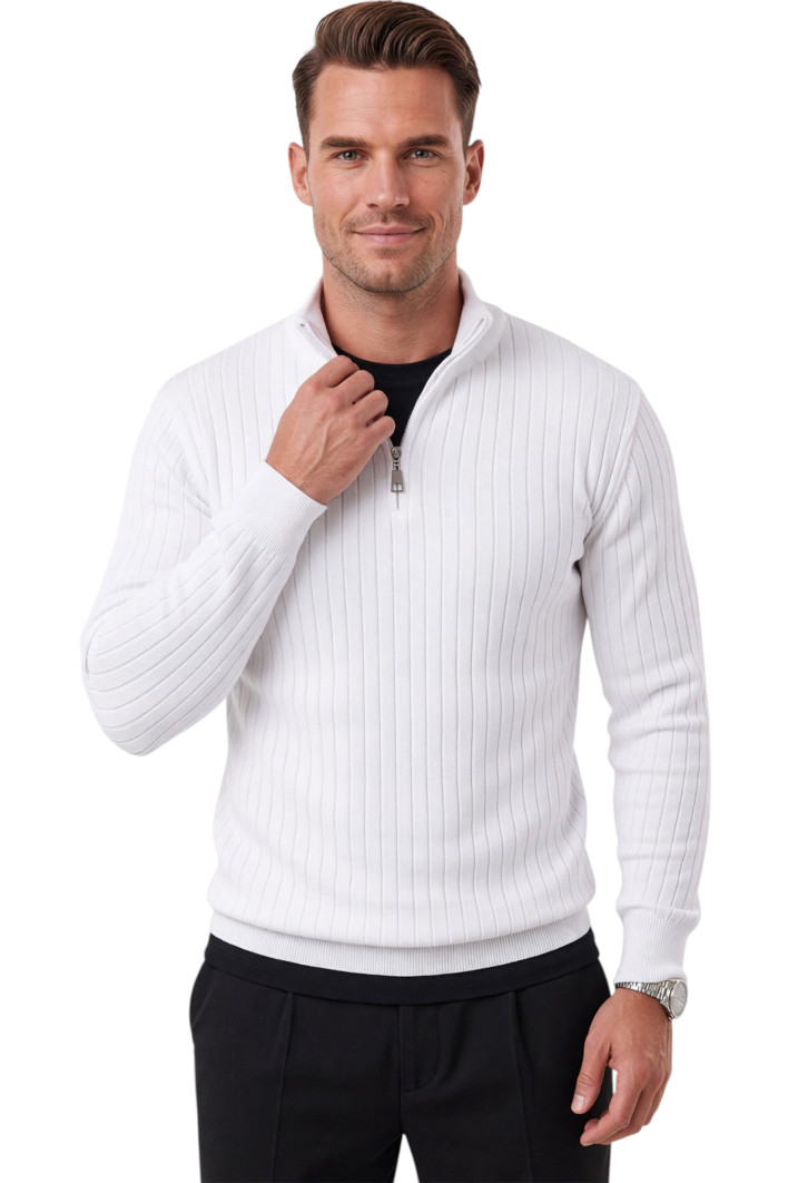 DeepSEA Erkek Slim Fit Dokulu Triko Kazak – Fermuarlı Polo Yaka Likralı Esnek 2708505 2
