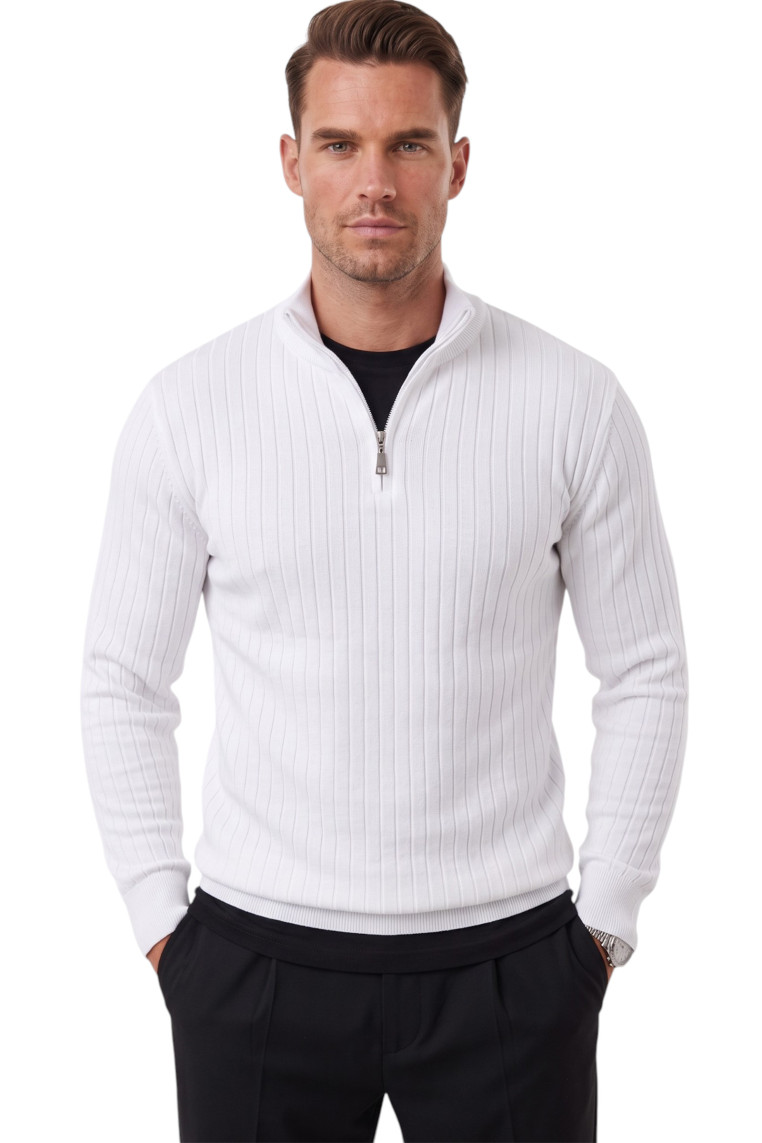 DeepSEA Erkek Slim Fit Dokulu Triko Kazak – Fermuarlı Polo Yaka Likralı Esnek 2708505