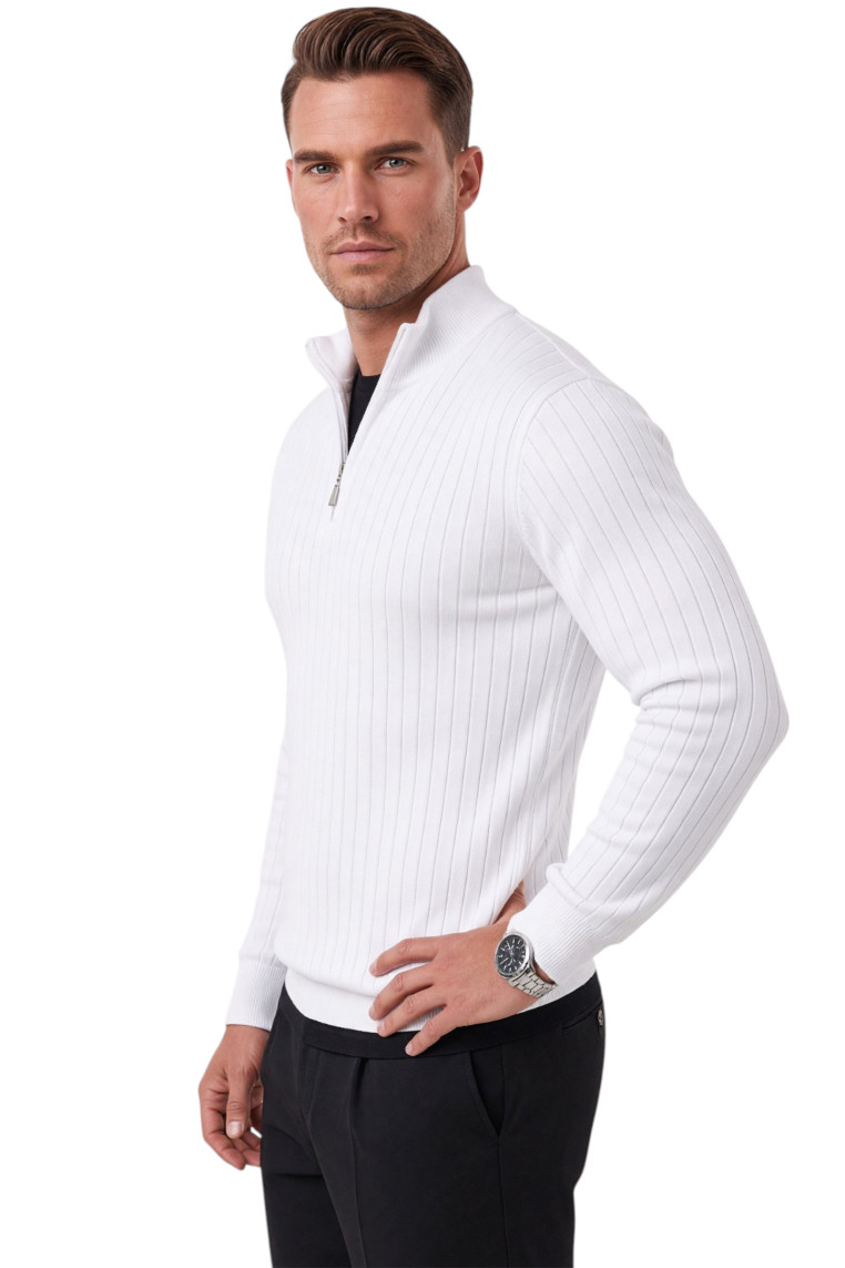 DeepSEA Erkek Slim Fit Tüylenmeyen Çizgi Dokulu Triko Kazak – Fermuarlı Dik Yaka Esnek 2708504
