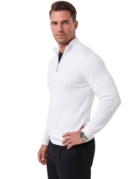 DeepSEA Erkek Slim Fit Tüylenmeyen Çizgi Dokulu Triko Kazak – Fermuarlı Dik Yaka Esnek 2708504