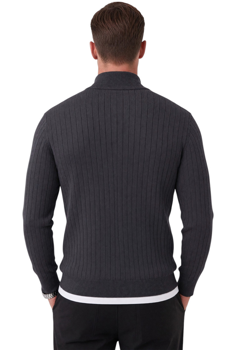 DeepSEA Erkek Slim Fit Tüylenmeyen Çizgi Dokulu Triko Kazak – Fermuarlı Dik Yaka Esnek 2708504