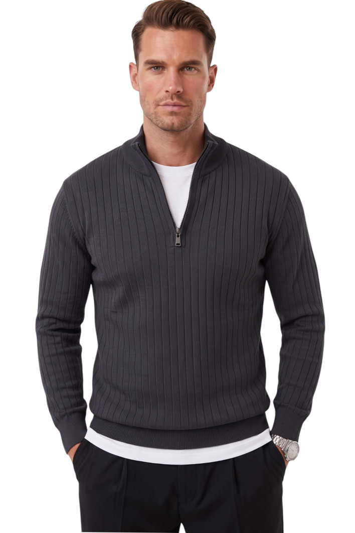 DeepSEA Erkek Slim Fit Dokulu Triko Kazak – Fermuarlı Polo Yaka Likralı Esnek 2708505 2