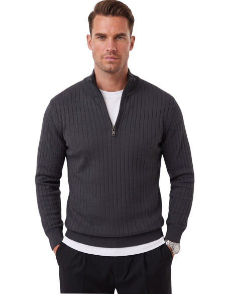 DeepSEA Erkek Slim Fit Dokulu Triko Kazak – Fermuarlı Polo Yaka Likralı Esnek 2708505