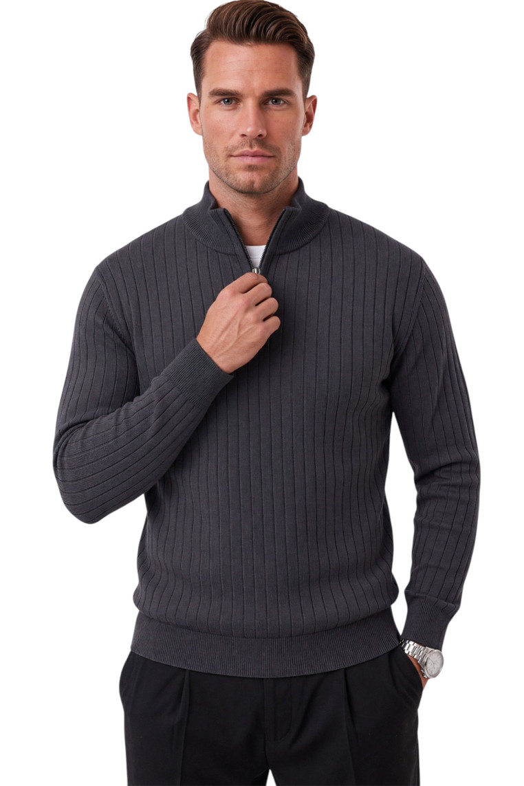 DeepSEA Erkek Slim Fit Dokulu Triko Kazak – Fermuarlı Polo Yaka Likralı Esnek 2708505