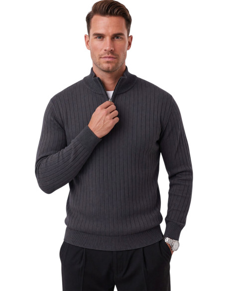 DeepSEA Erkek Slim Fit Dokulu Triko Kazak – Fermuarlı Polo Yaka Likralı Esnek 2708505