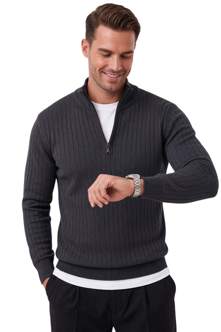 DeepSEA Erkek Slim Fit Tüylenmeyen Çizgi Dokulu Triko Kazak – Fermuarlı Dik Yaka Esnek 2708504