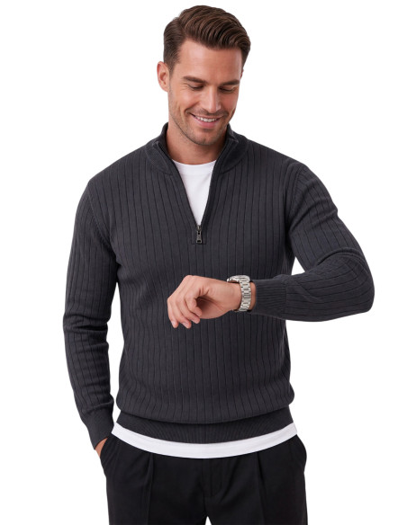 DeepSEA Erkek Slim Fit Dokulu Triko Kazak – Fermuarlı Polo Yaka Likralı Esnek 2708505