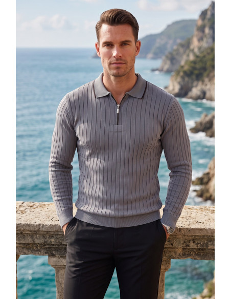 DeepSEA Erkek Slim Fit Dokulu Triko Kazak – Fermuarlı Polo Yaka Likralı Esnek 2708505