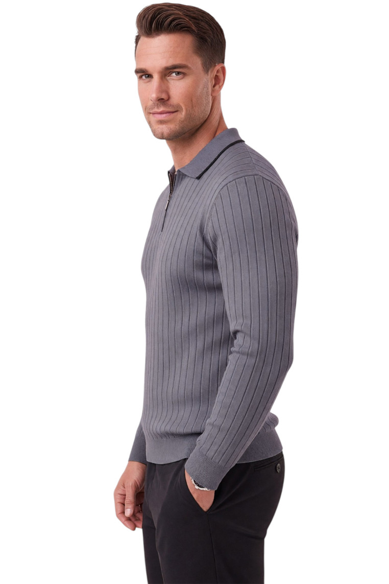 DeepSEA Erkek Slim Fit Dokulu Triko Kazak – Fermuarlı Polo Yaka Likralı Esnek 2708505