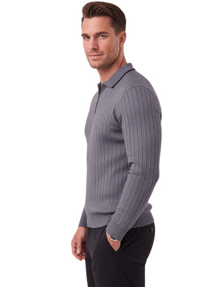 DeepSEA Erkek Slim Fit Tüylenmeyen Çizgi Dokulu Triko Kazak – Fermuarlı Polo Yaka 2700401