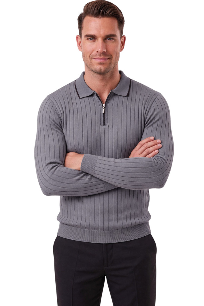 DeepSEA Erkek Slim Fit Dokulu Triko Kazak – Fermuarlı Polo Yaka Likralı Esnek 2708505 2