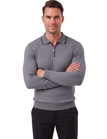 DeepSEA Erkek Slim Fit Dokulu Triko Kazak – Fermuarlı Polo Yaka Likralı Esnek 2708505