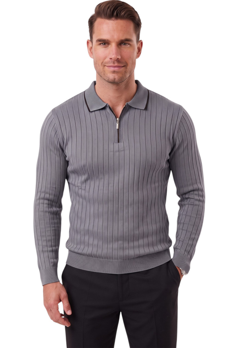 DeepSEA Erkek Slim Fit Dokulu Triko Kazak – Fermuarlı Polo Yaka Likralı Esnek 2708505
